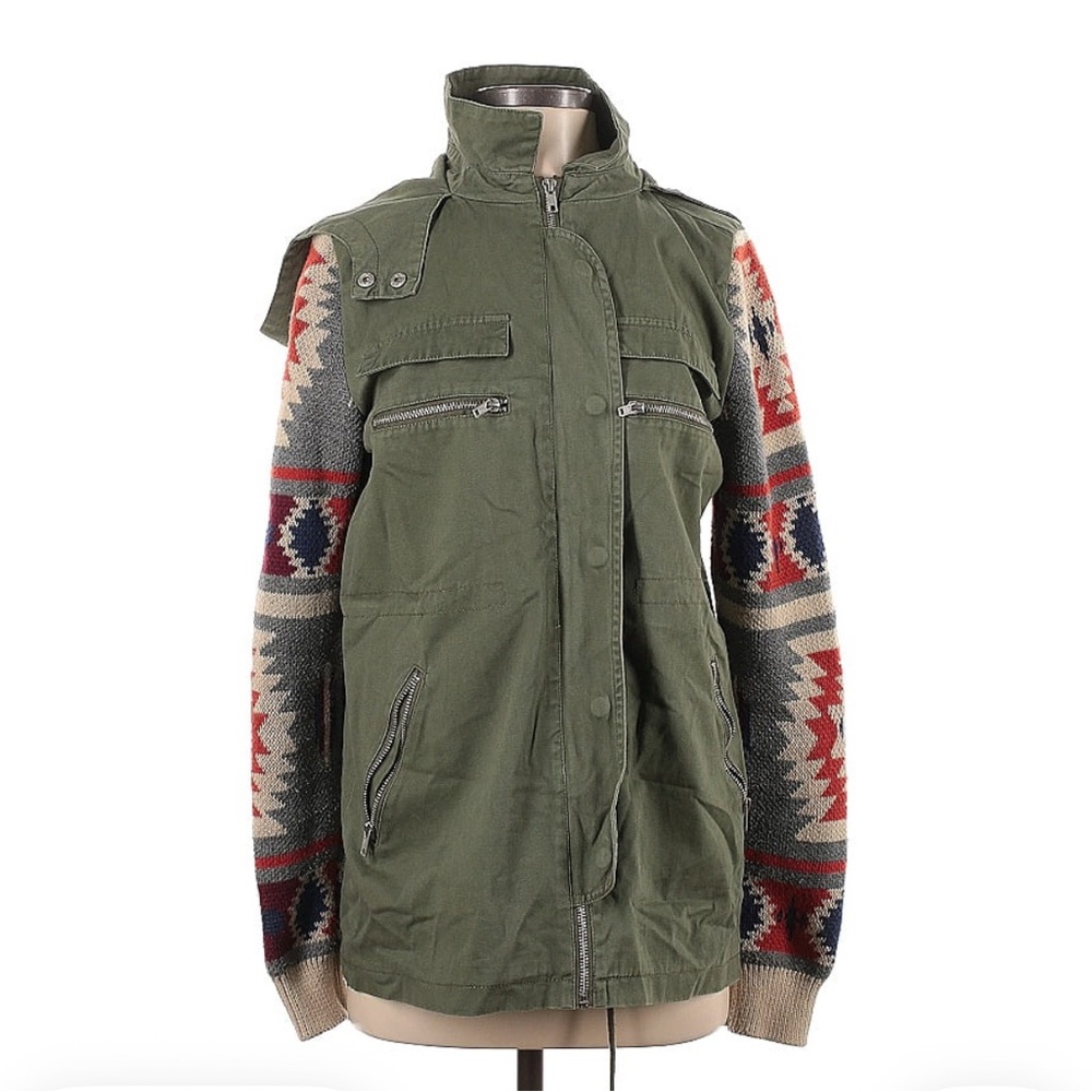 Green Military Style Vest with Patterned Sleeves